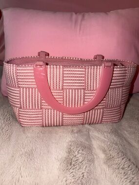 Vintage M&G Bertini Pink Woven Rectangle Tote Bag Double Lucite Handles Italy
